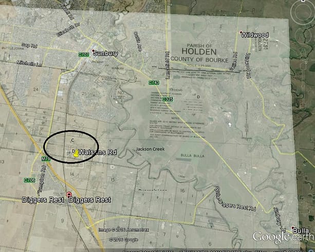 Overlay of Parish of Holden on Google map of Sunbury and diggers Rest highlighting Edward Winter's farm