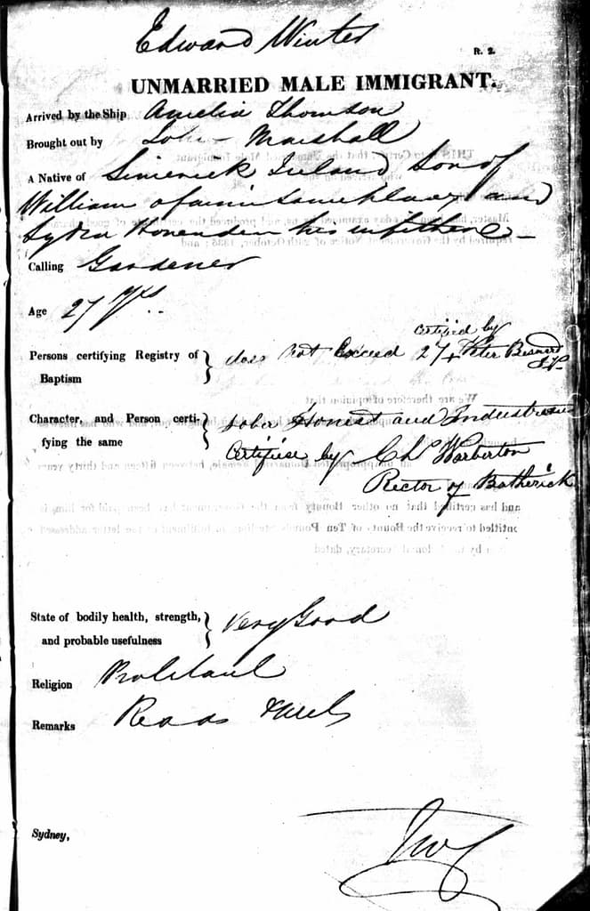 1839 Arrival of Edward WINTER on Amelia THOMSON gardener Ancestry 4.11.15 27 yrs
