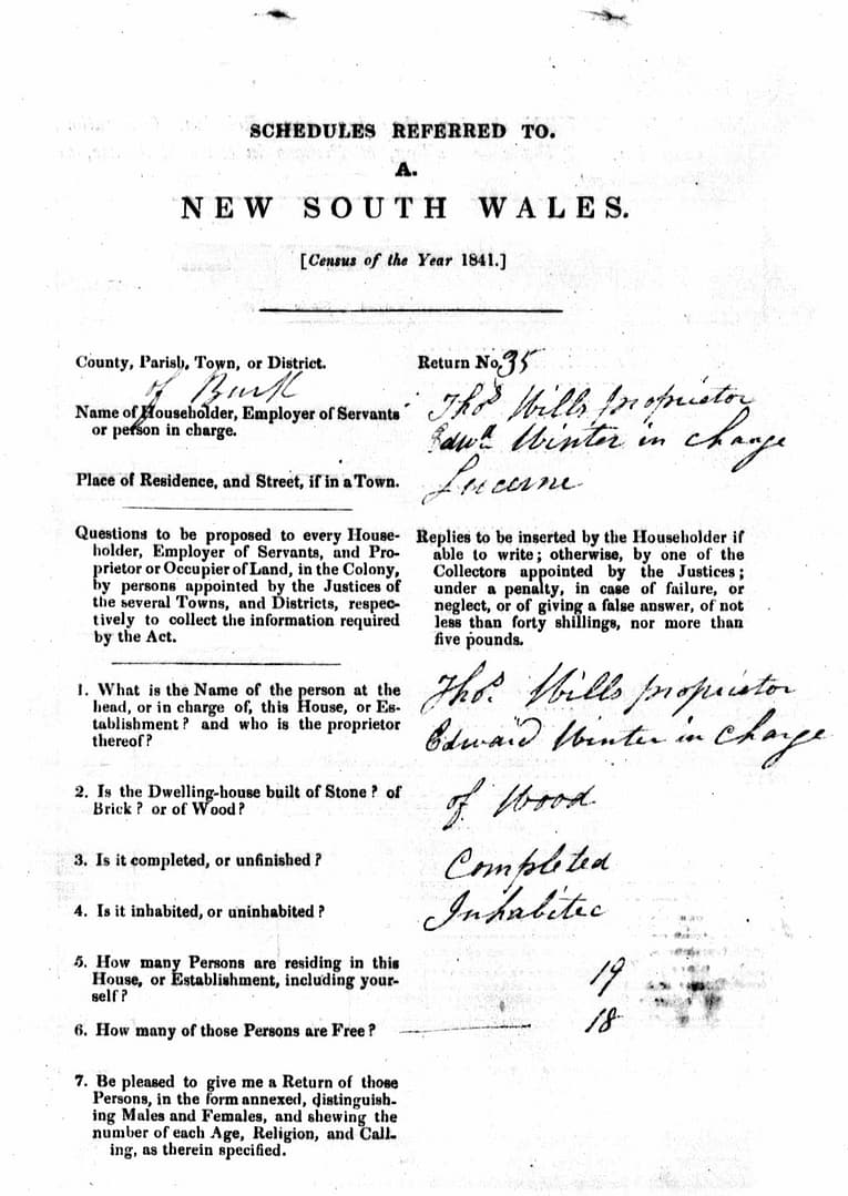 1841 Census 'Lucerne' Thomas Wills Proprieter, Edward Winter 'in charge'. Ancestry