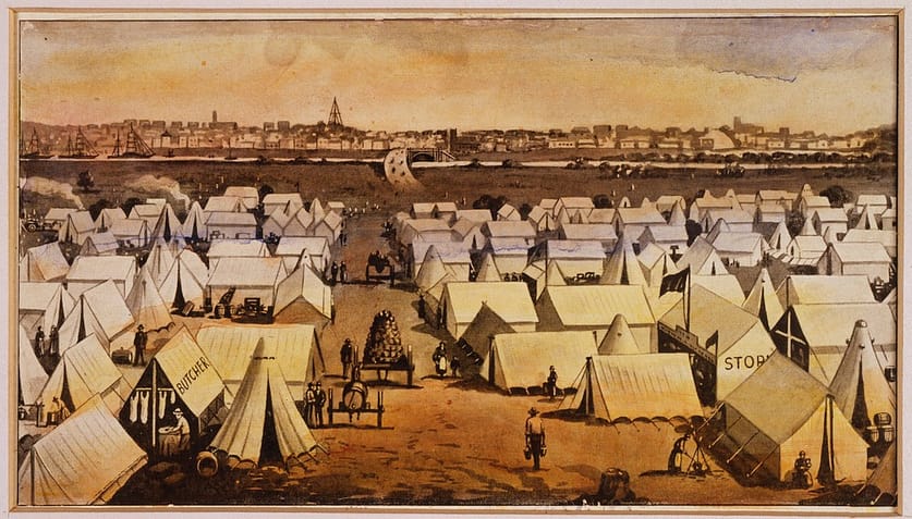 Canvas Town between Princess Bridge and South Melbourne 1850s