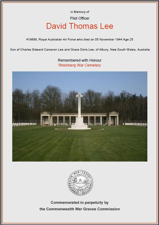 David Lee's certificate commonwealth war graves Rheinberg cemetery