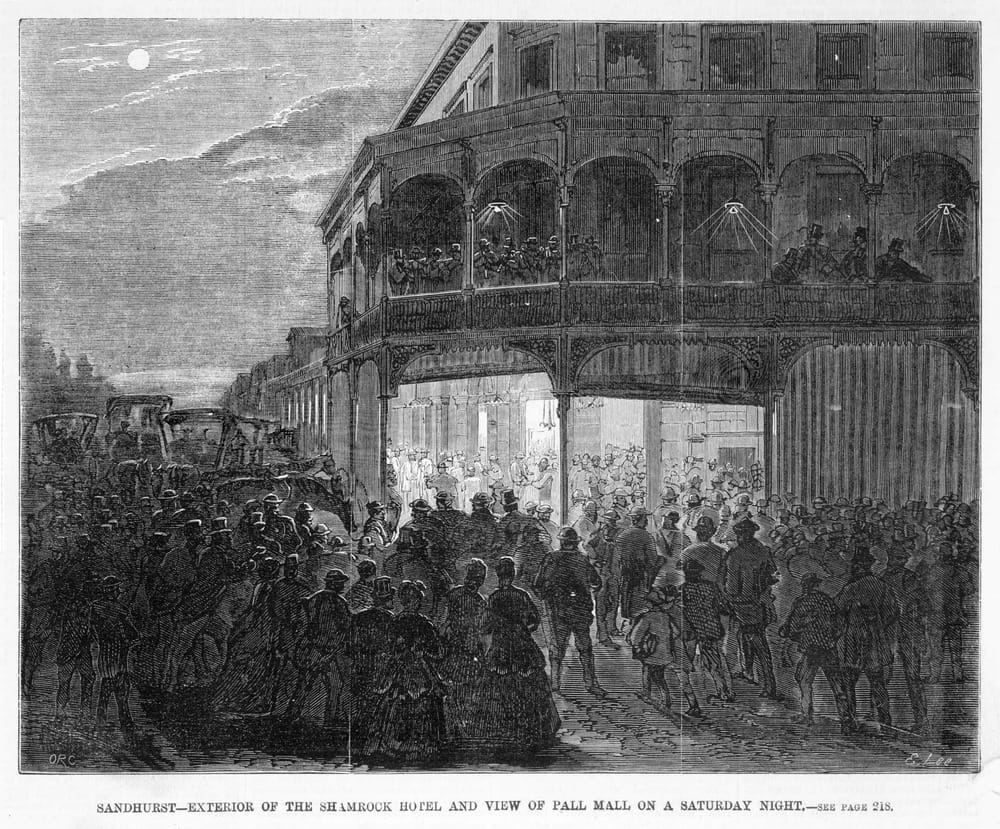 1871 Sandhurst-Exterior of the Shamrock Hotel and view of Pall Mall on Saturday night SLV website IAN