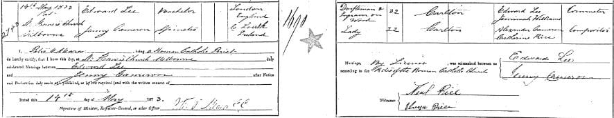 1873 Marriage certificate of Edward LEE and Jenny CAMERON