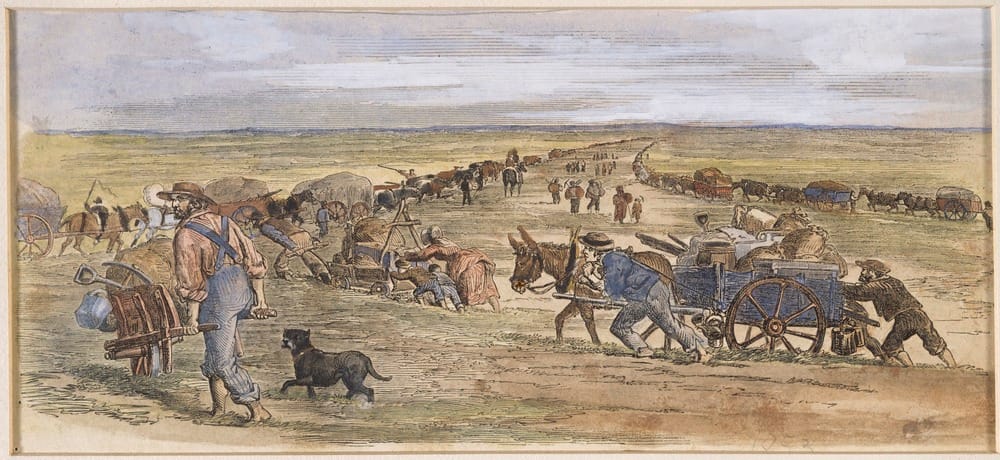 Travelling to the diggings, the Keilor Plains. Victoria. Courtesty of SLV 