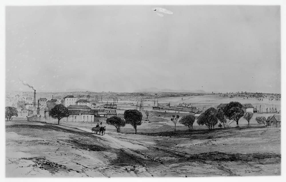 1840s-1850s View of Melbourne from Collingwood. Artist: Courtesy of SLVhttp://handle.slv.vic.gov.au/10381/104511