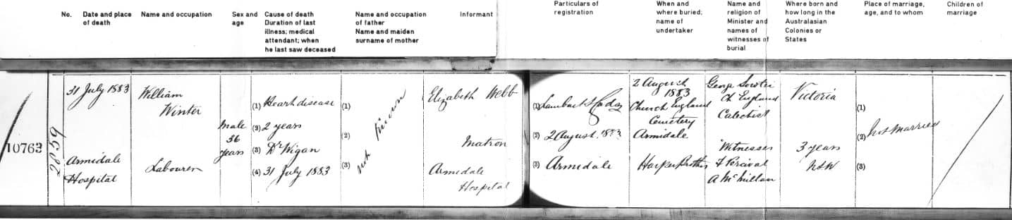 1883 Death certificate William WINTER Armidale NSW