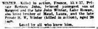 1917 Death notice for Bertram John WINTER KIA 15.4.17. The Argus 15 May.