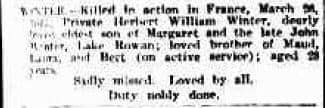 1917 Death notice for Herbert William WINTER 27 April The Argus
