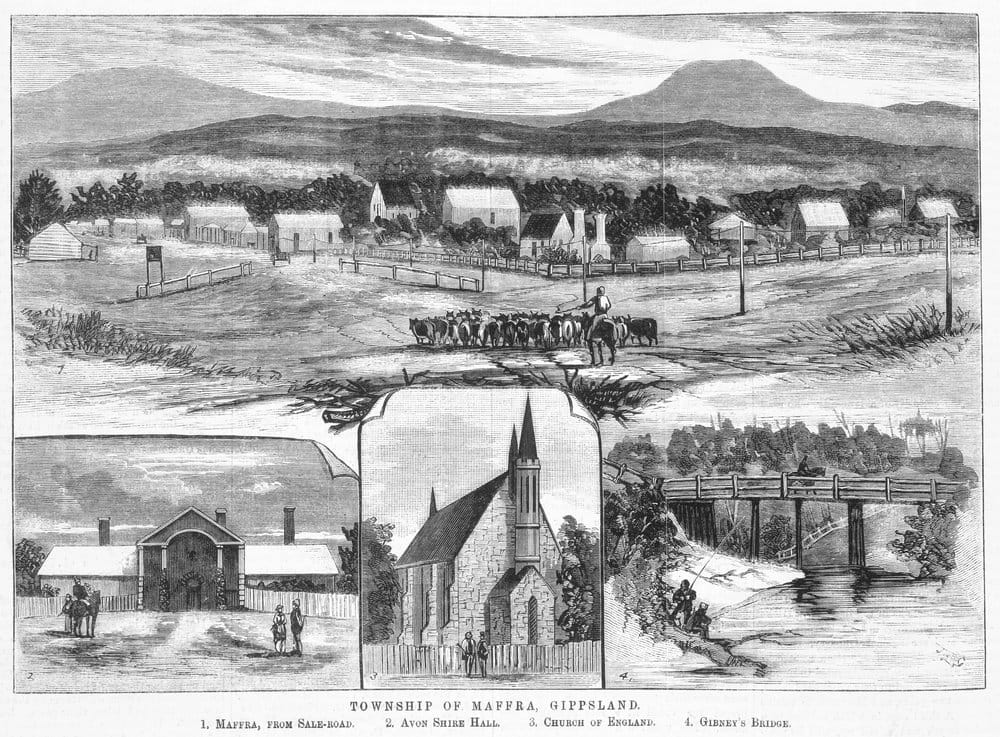 1882 Town of Maffra Gippsland Engraved by Samuel Calvert. IAN 13.5.1882. NOTE GIBNEY BRIDGE Accessed online via SLV