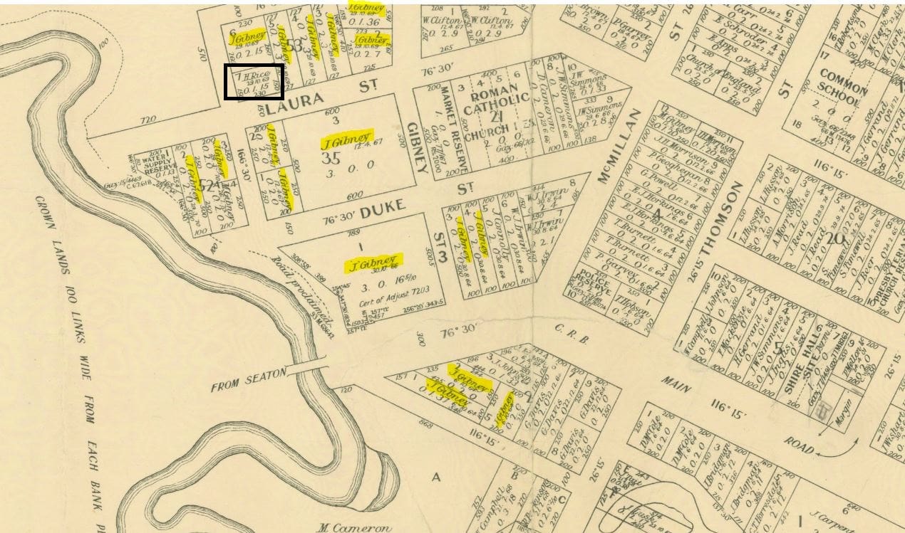 Map of Maffra showing J Gibney and H Rice properties