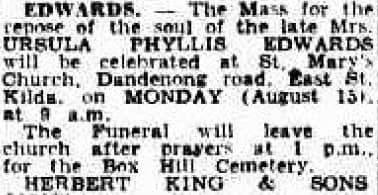 1955 Funeral notice for Phyllis EDWARDS (nee WINTER)